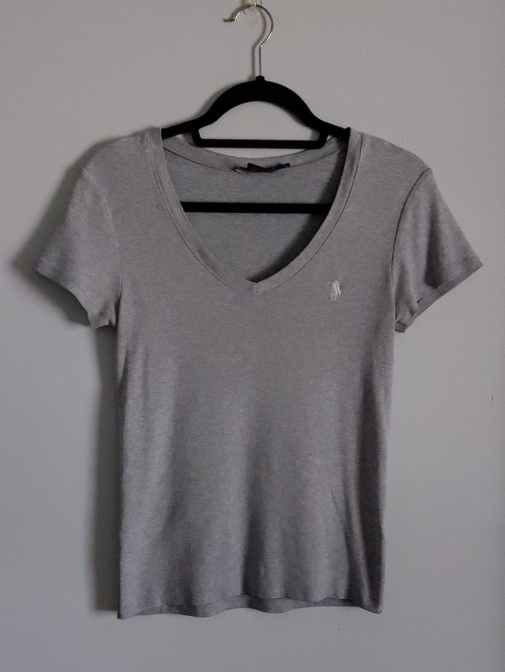 Ralph Lauren Sport Y2K 90s Womens Short Sleeve V Neck Baby Tee Shirt Gray M